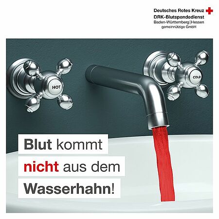 zu sehen ist Blut aus dem Wasserhahn und ein Text Blut kommt nicht aus dem Wasserhahn!
