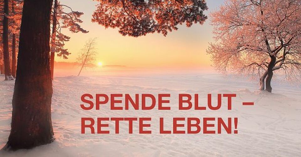 zu sehen ist eine Winterlandschaft im Sonnenlicht und ein Text Spende Blut - rette Leben!